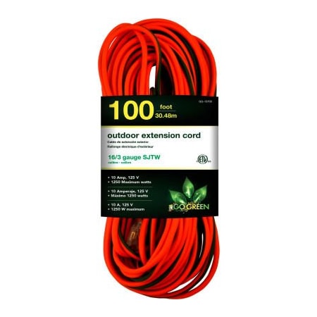 Gogreen SJTW Extension Cord, 16 AWG, Outdoor, 16/3, 1 Outlets, Orange, 100 ft GG-13700